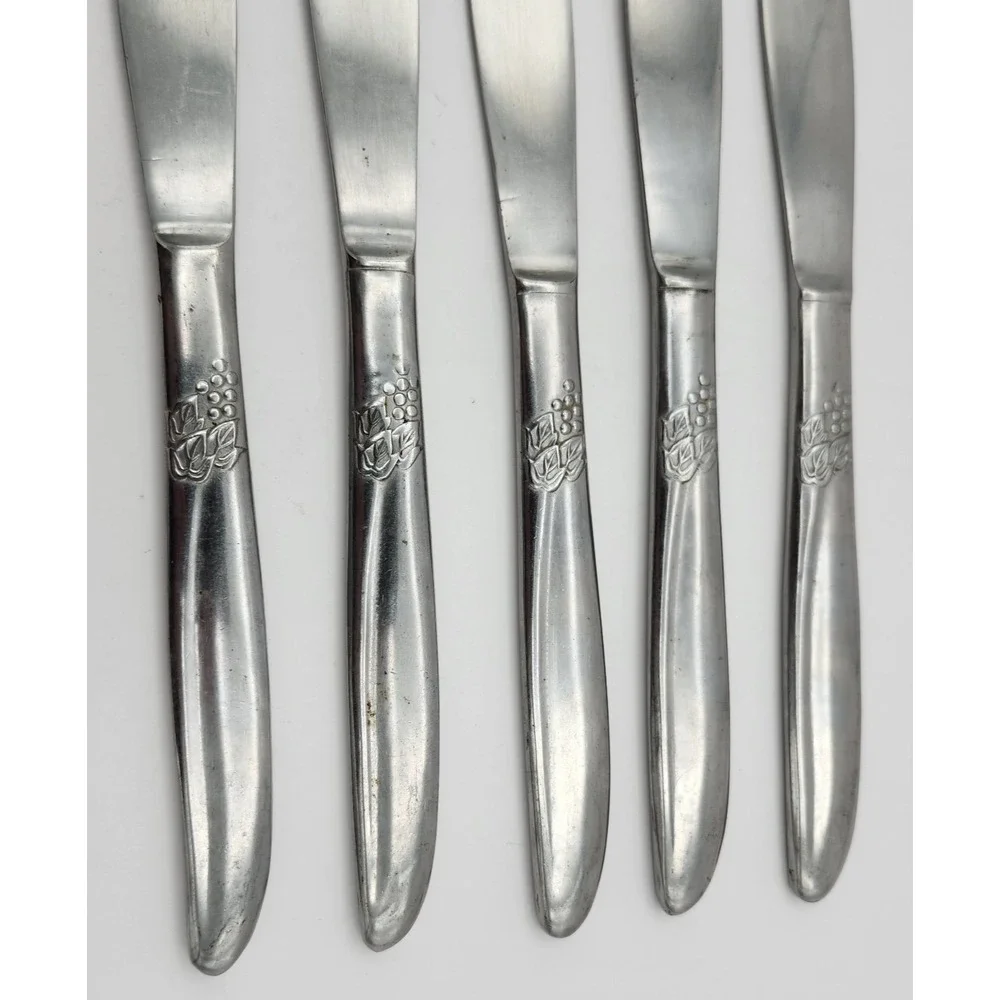 MWCO Dinner Knives Set 5 Silver Grape Vine Pattern Stainless Japan MCM Farmhouse